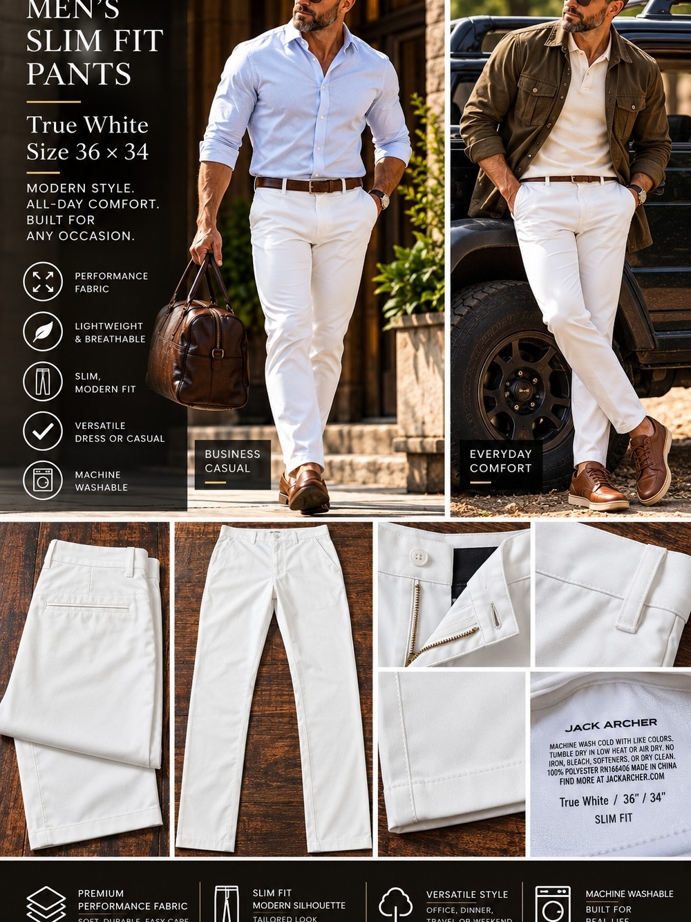 JACK ARCHER MEN’S SLIM FIT PERFORMANCE PANTS TRUE WHITE 36x34